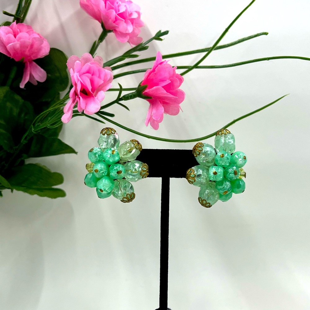 West Germany Signed Vintage Green Crystal Bead cluster Clip On Earrings